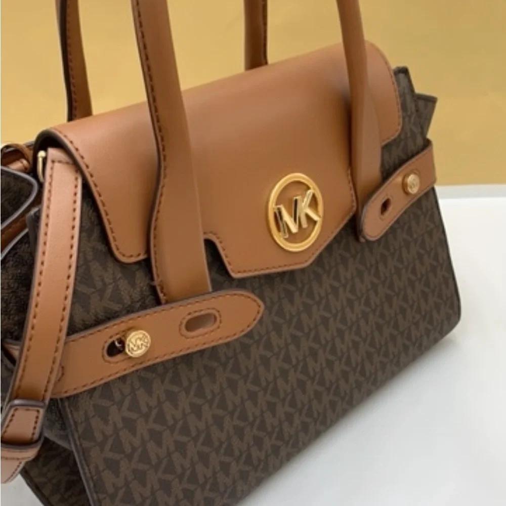 MICHAEL KORS Carmen Medium Faux Leather Belted Satchel Brown Signature color